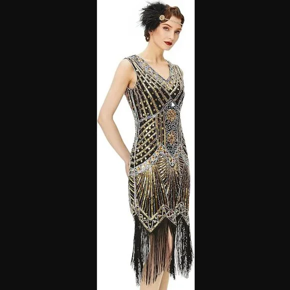 gold beaded flapper dress Plus Size White & Gold Beaded Stella Flapper Dress main image 1